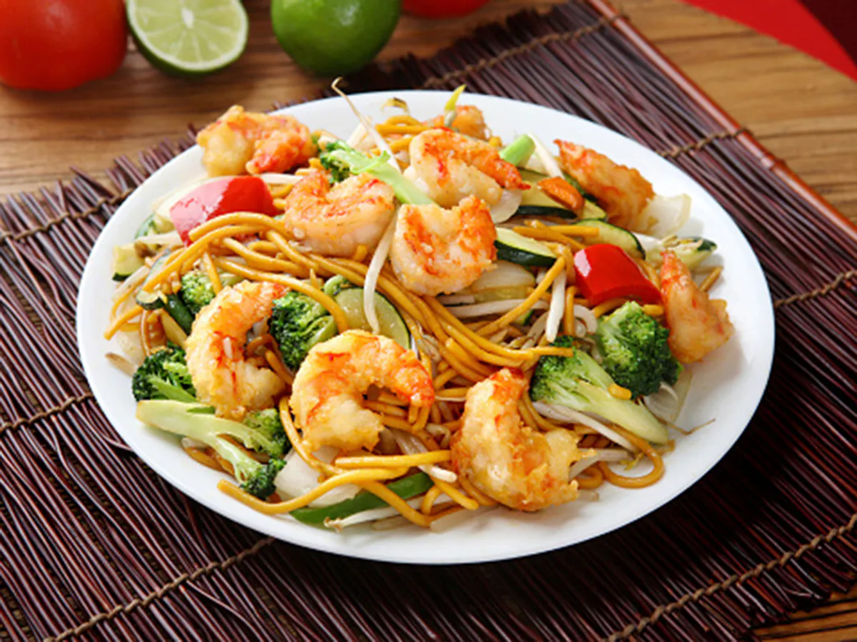 Stir-fried golden egg noodles with plump shrimp and mixed vegetables at YUKI Sushi & Wok, an Asian Fusion Restaurant in Wayne
