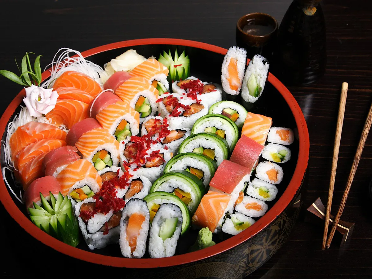 Colorful assorted sushi platter with salmon tuna and rolls at YUKI Sushi & Wok, an Asian Fusion Restaurant in Wayne